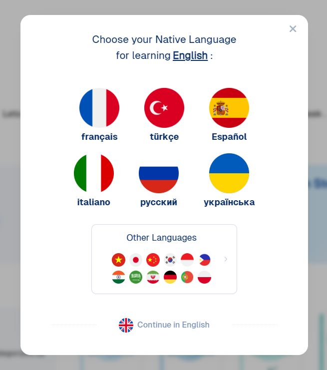 Language selection popup