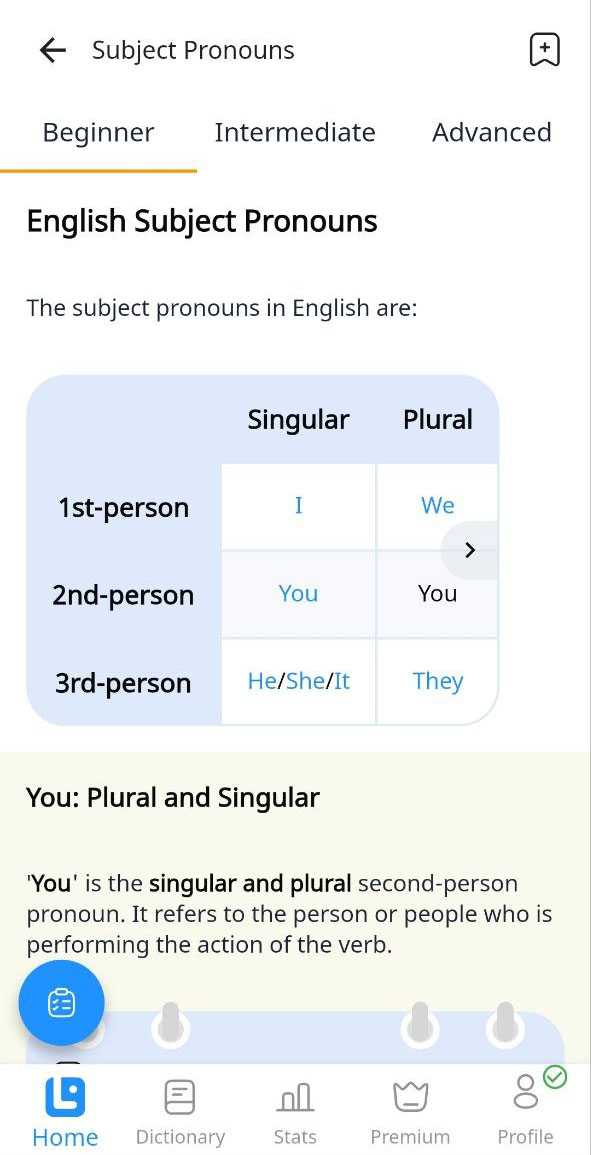 English grammar lesson in the LanGeek app