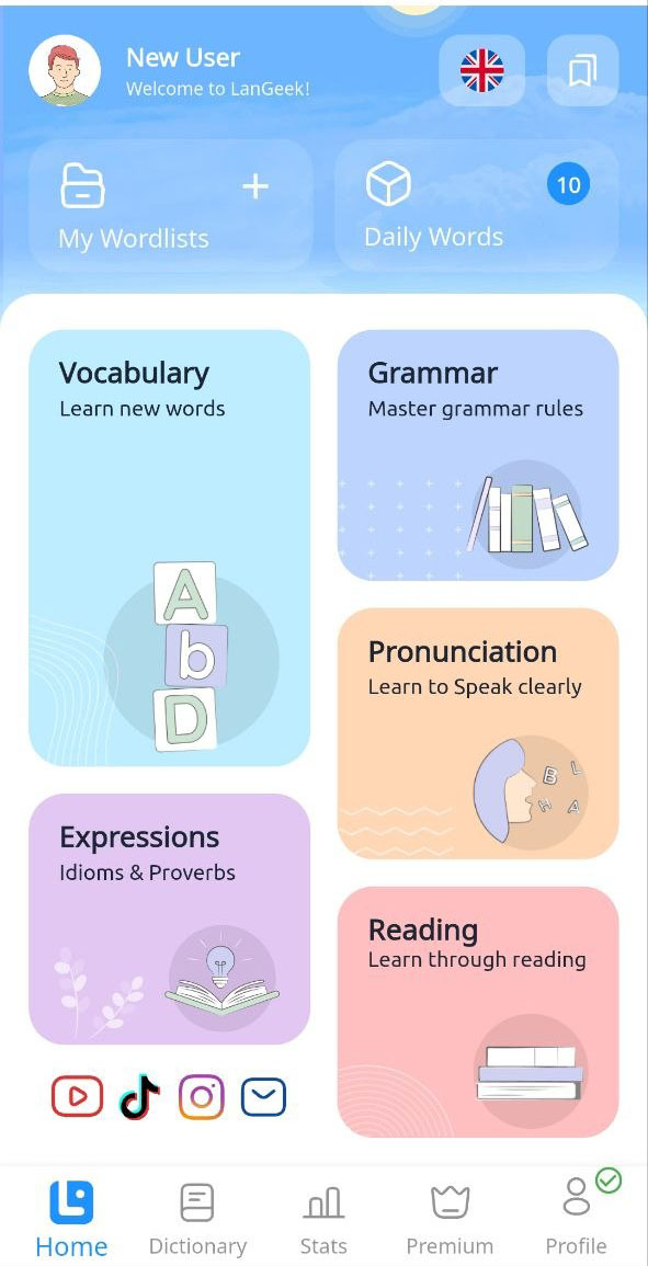 LanGeek mobile app home page showing the main language-learning sections