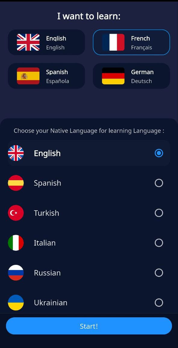 LanGeek app language selection page for English, Spanish, French, and German