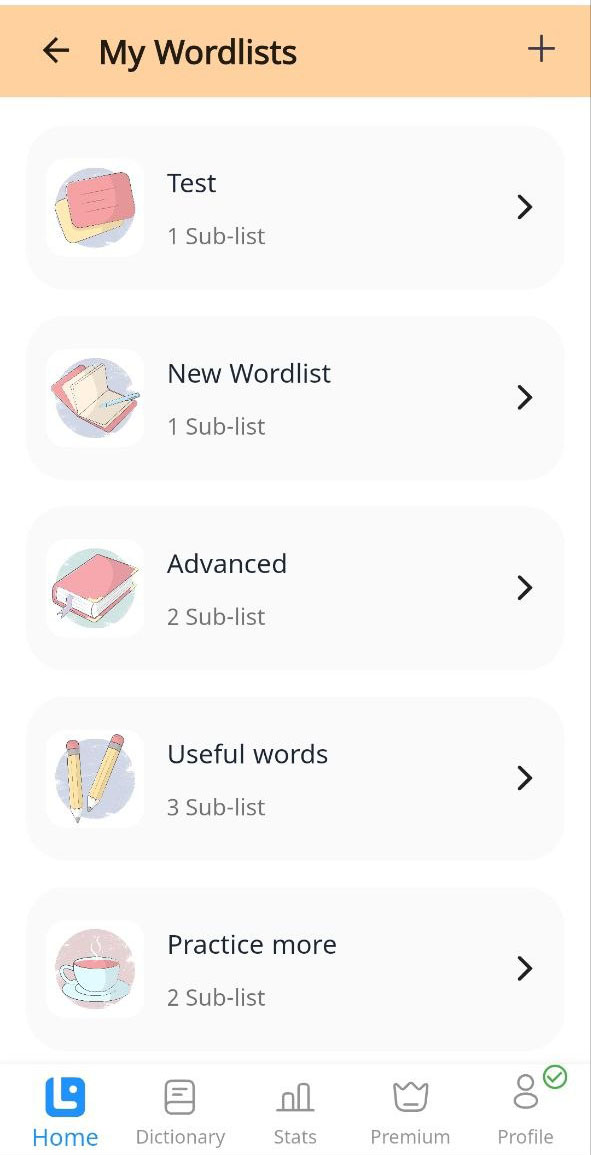 Personal wordlists page in the LanGeek app