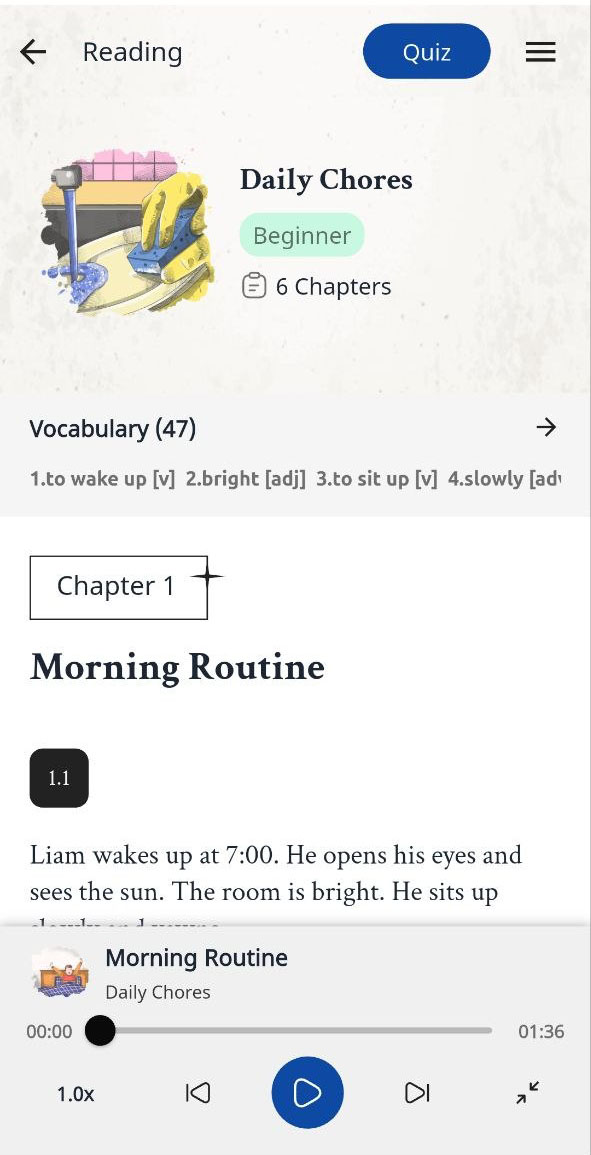 A reading lesson with text in the LanGeek app