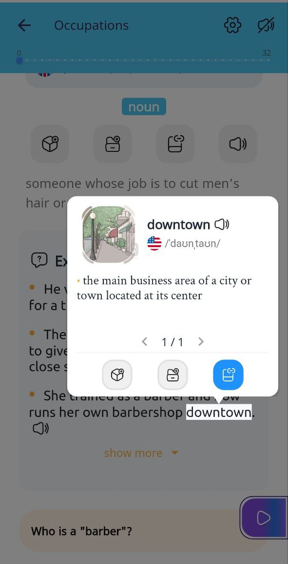 Smart Lookup opening a word definition inside the LanGeek app