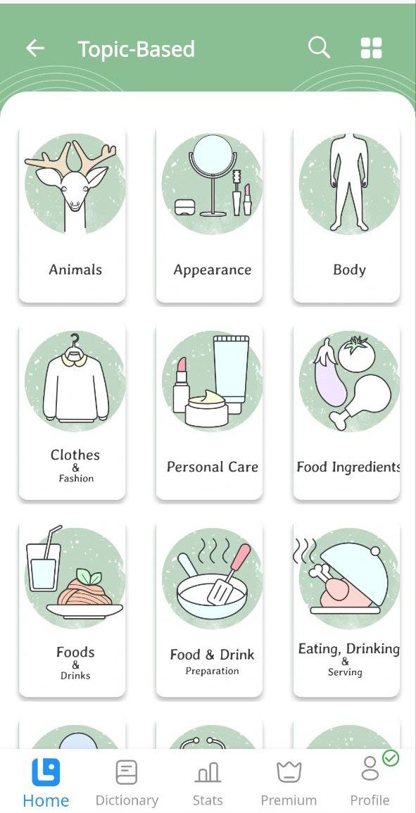 Topic-based vocabulary categories in the LanGeek app