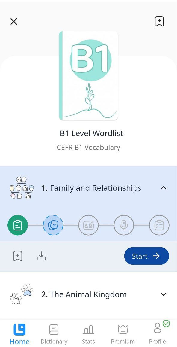 Selecting a vocabulary lesson in the LanGeek app
