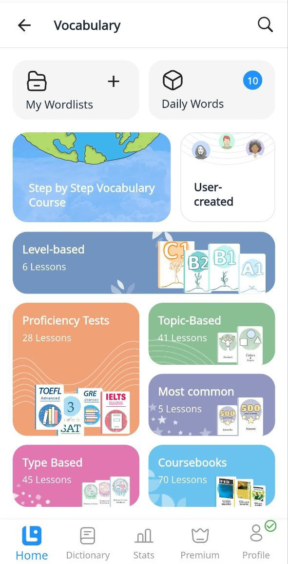 LanGeek app vocabulary section home page